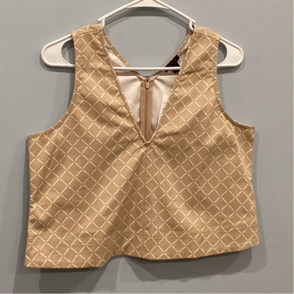Ann Taylor Checked V-Neck Tank Top Womens Small S Classic Old Money Work Tan NEW